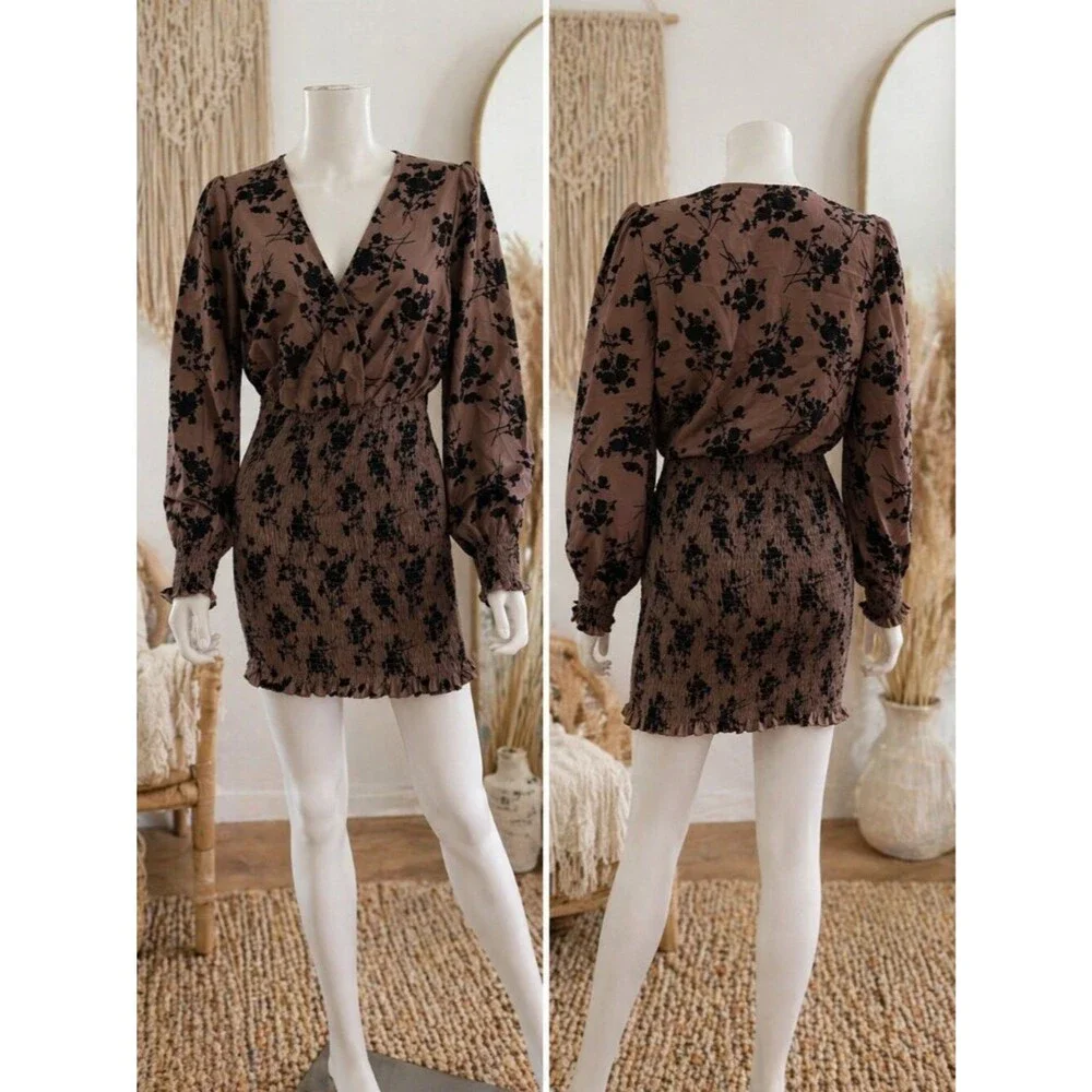 Cupshe Brown Floral Long Sleeve Mini Dress NWT Size S Smocked Waist